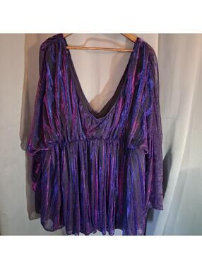 Shimmery Purple and Blue V-Neck Pleated Blouse/dress